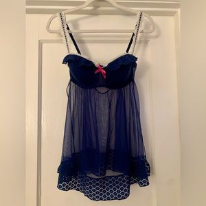 Victorias Secret "Sexy Little Things" Lace Babydoll Sheer Bustier Navy Blue 36D